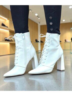 White Lace-Up Chunky Heel Ankle Boots With Croc-Embossed Texture & Side Zipper D